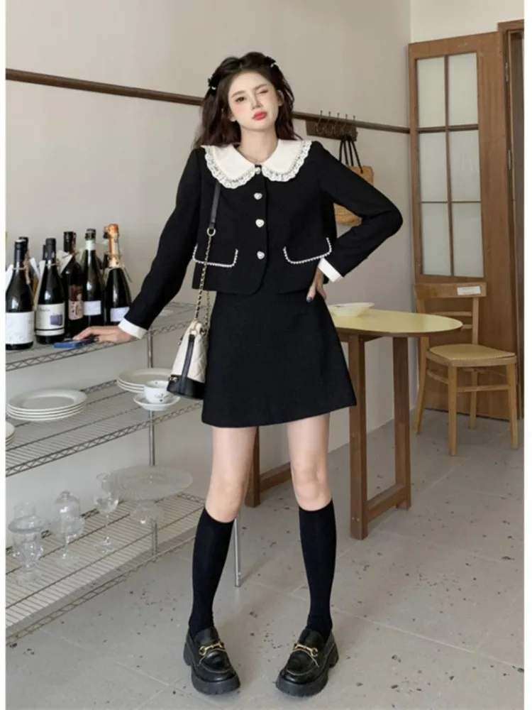 UNXX Lace French Vintage 2 Piece Set Women Button Korean Fashion Mini Skirts Suit Female Flip Collar Coat + Designe Skirt Suits