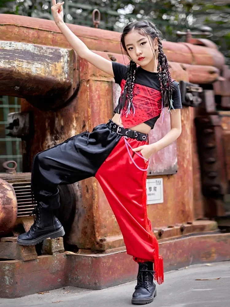 女の子中国風ジャズダンスパフォーマンス衣装赤緩い社交ヒップホップ服レイブストリートダンスウェア