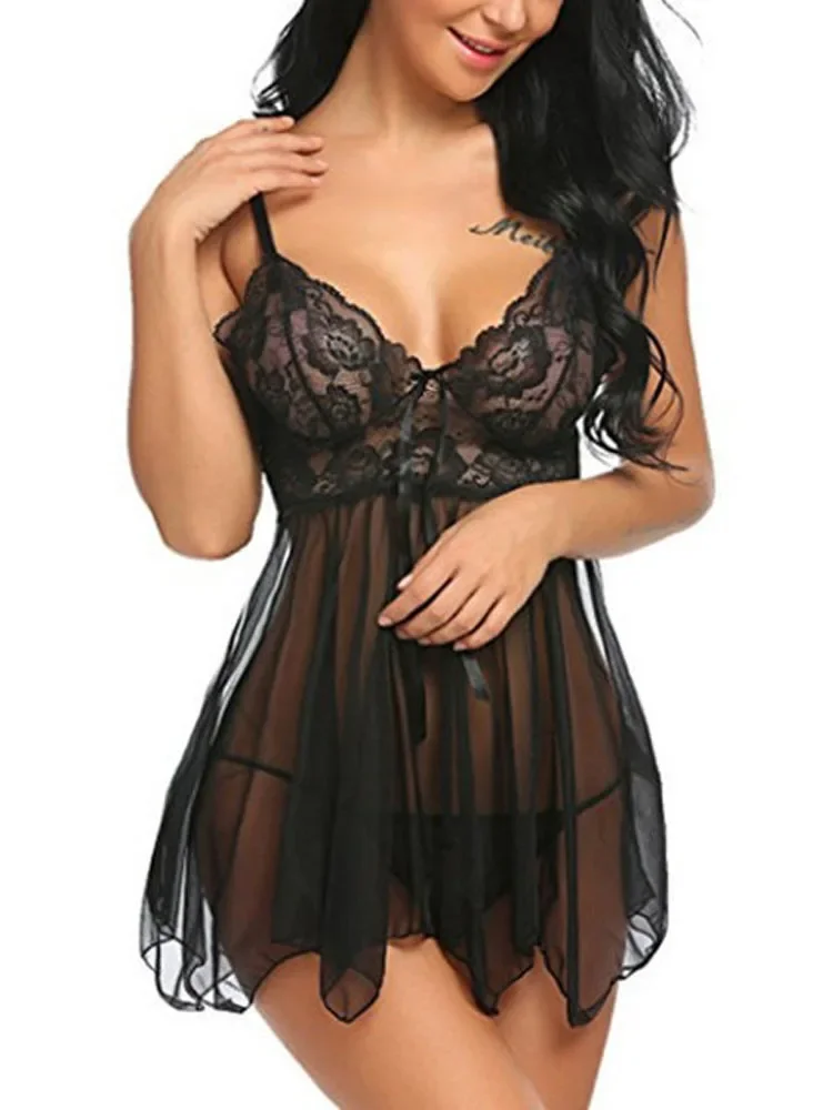 Sexy Low Cut poitrine maille voir à travers dentelle Lingerie vêtements de nuit aussi robe femme sous-vêtements chemise de nuit t-string WYQQ-7552431