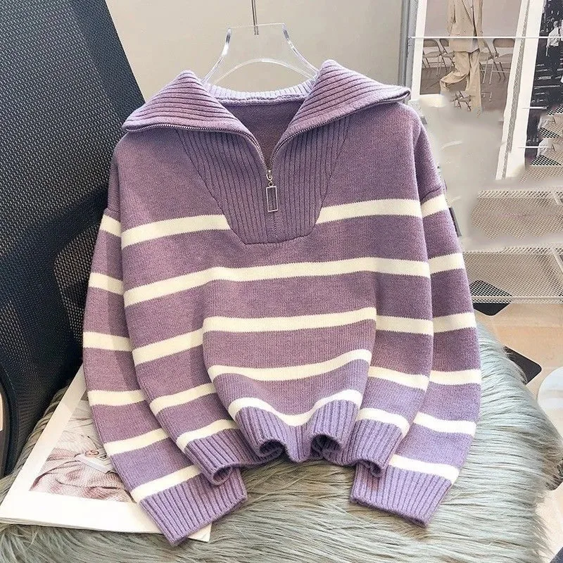 Rasa tinggi wanita longgar sweater Fit Pullover Korea baru wanita pakaian rajut bergaris musim gugur musim dingin wanita rajut lengan panjang