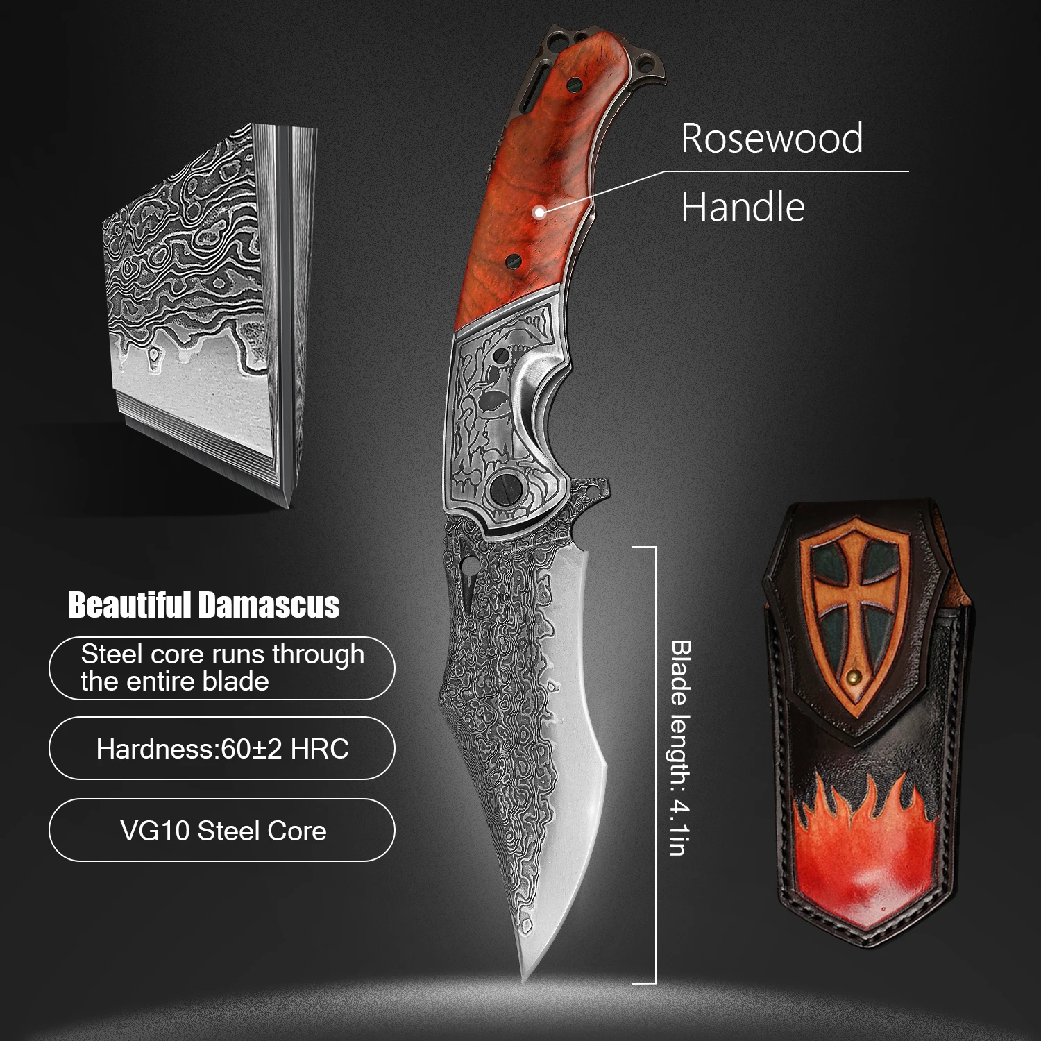 Cool Damascus Steel Knife VG10 Blade Yellow Sandalwood Handle with Gift Box Camping Outdoor Men's Gift