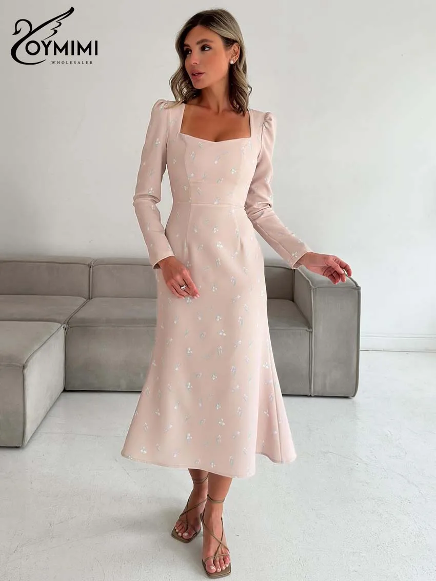 

Oymimi Fashion Pink Print Dresses 2024 Women Elegant Square Neck Long Sleevee Dresses Casual High Waist Mid-Calf Dress Female