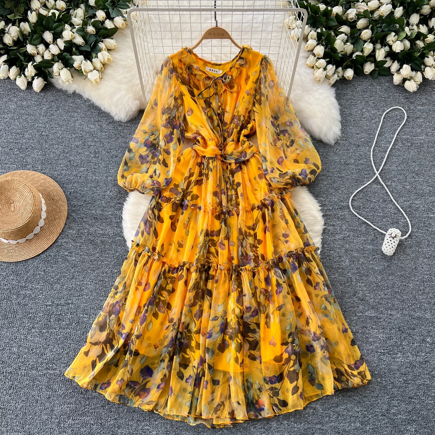 Vintage  Elegant v neck  Lantern Sleeve print chiffon sweet Dress Women basics Fashion summer Spring dresses