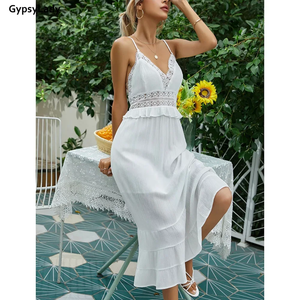 GypsyLady – robe Maxi en dentelle blanche, 100% coton, Vintage, vacances, robe d'été, à volants, dos nu, style Boho, Sexy, robes de plage