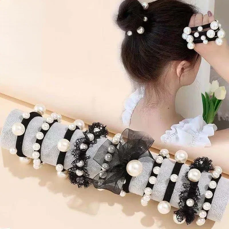 5pcs/10pcs Fashion Pearl Seamless Black Bow Lace Elastic Hair Bands Rope Ties Simple Adult Hair Accessories for Girls