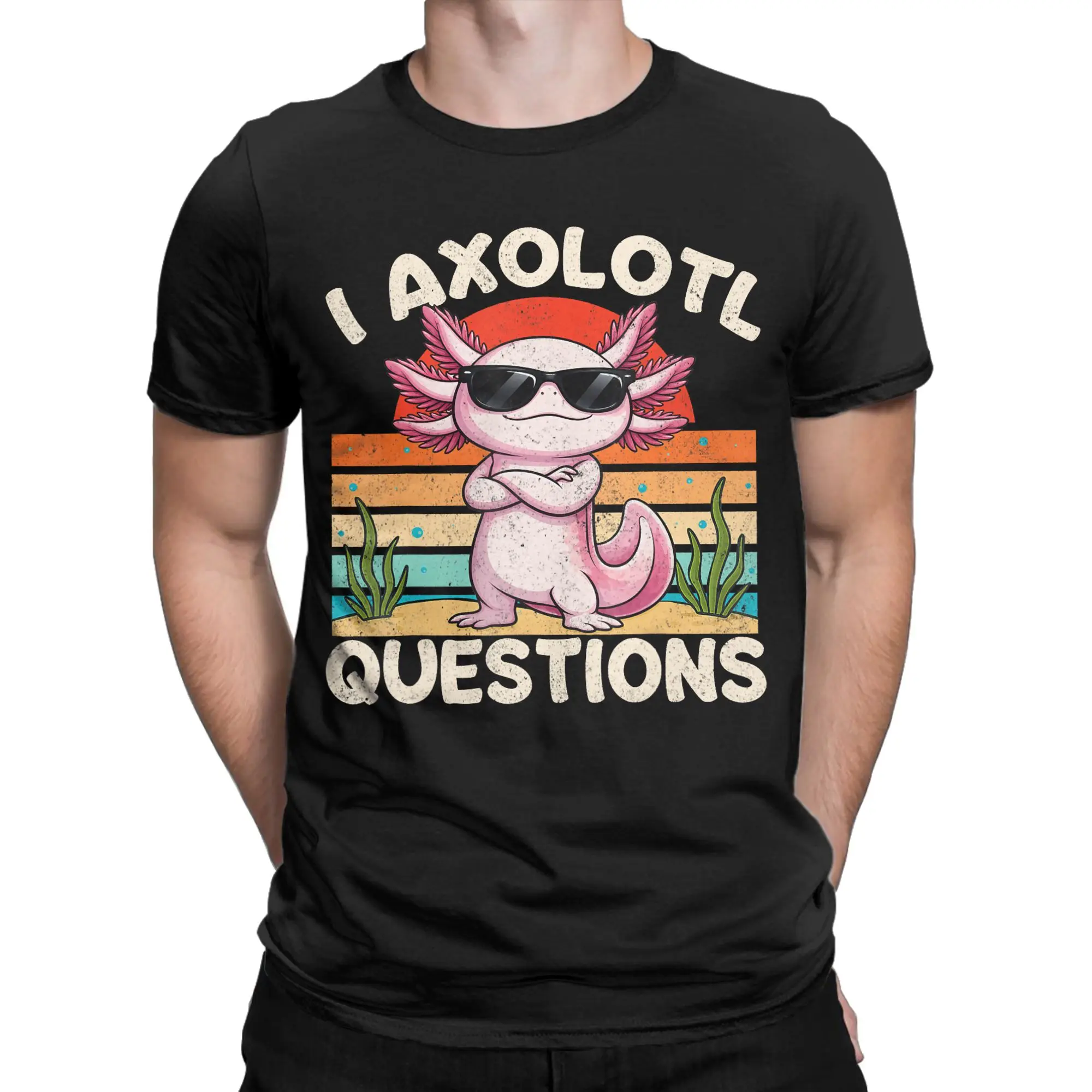 Vintage Retro I Axolotl Questions Men's T Shirts  Vintage Tee Shirt Short Sleeve Crew Neck T-Shirts Cotton Summer Clothing