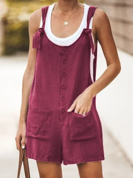 2024 Summer Women Jumpsuit Sleeveless New Solid Color Round Neck Button Loose Short Casual Pocket Stitching Rompers Playsuits