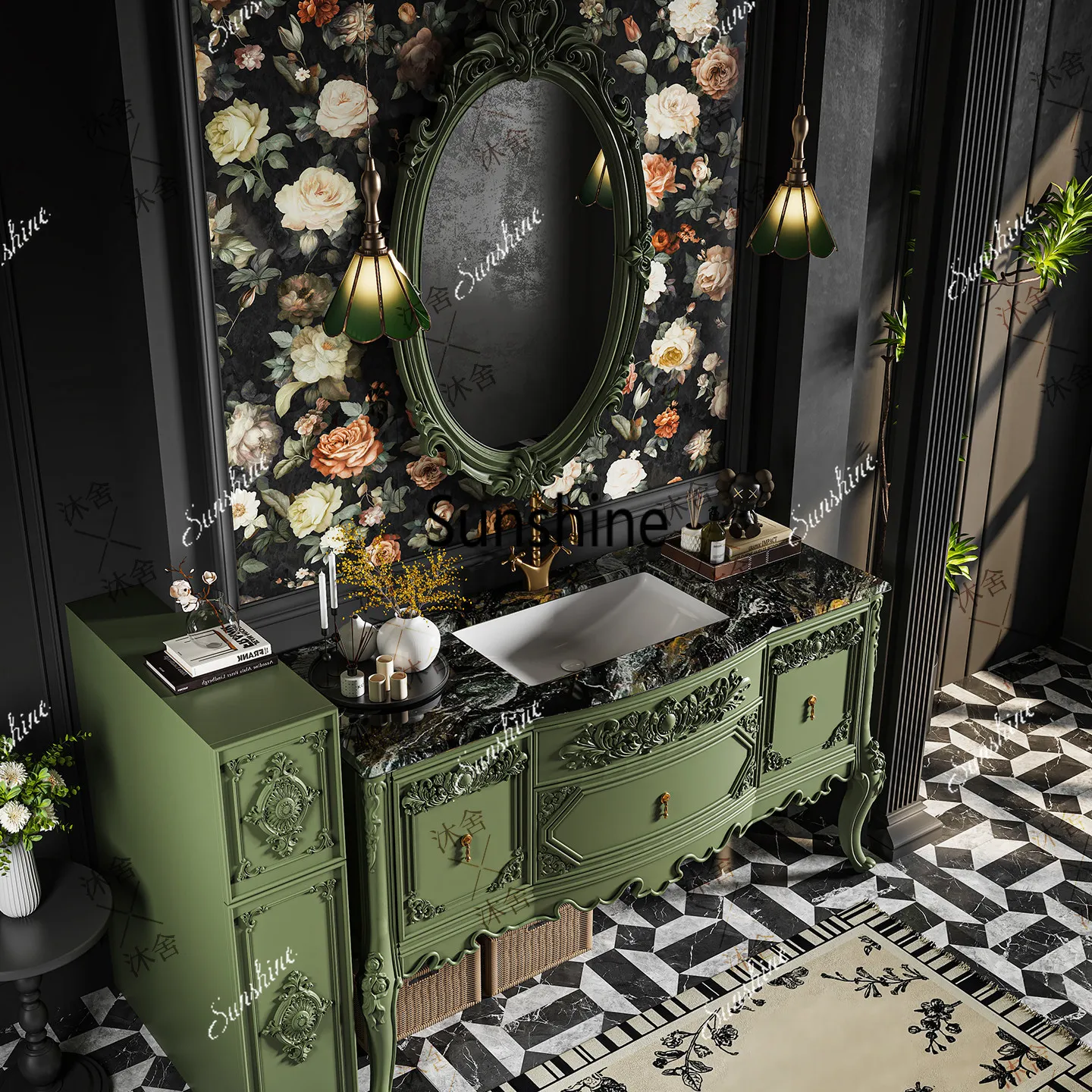 European retro green carved bathroom cabinet combination, countertop ceramic