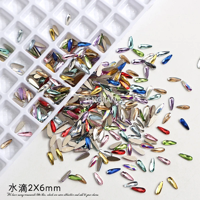 Mini 2X6MM Shiny Drop Shape Flat Back Nail Art Rhinestone 12 Color Glass Stone DIY Manicure Decorations Diamond 100Pcs