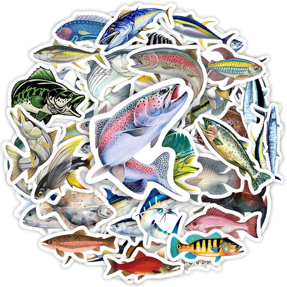 Mixed Fish Fishing Stickers Ocean Fish DIY Toy Gift Decorative Decal for Phone Laptop Bottles Luggage Waterproof