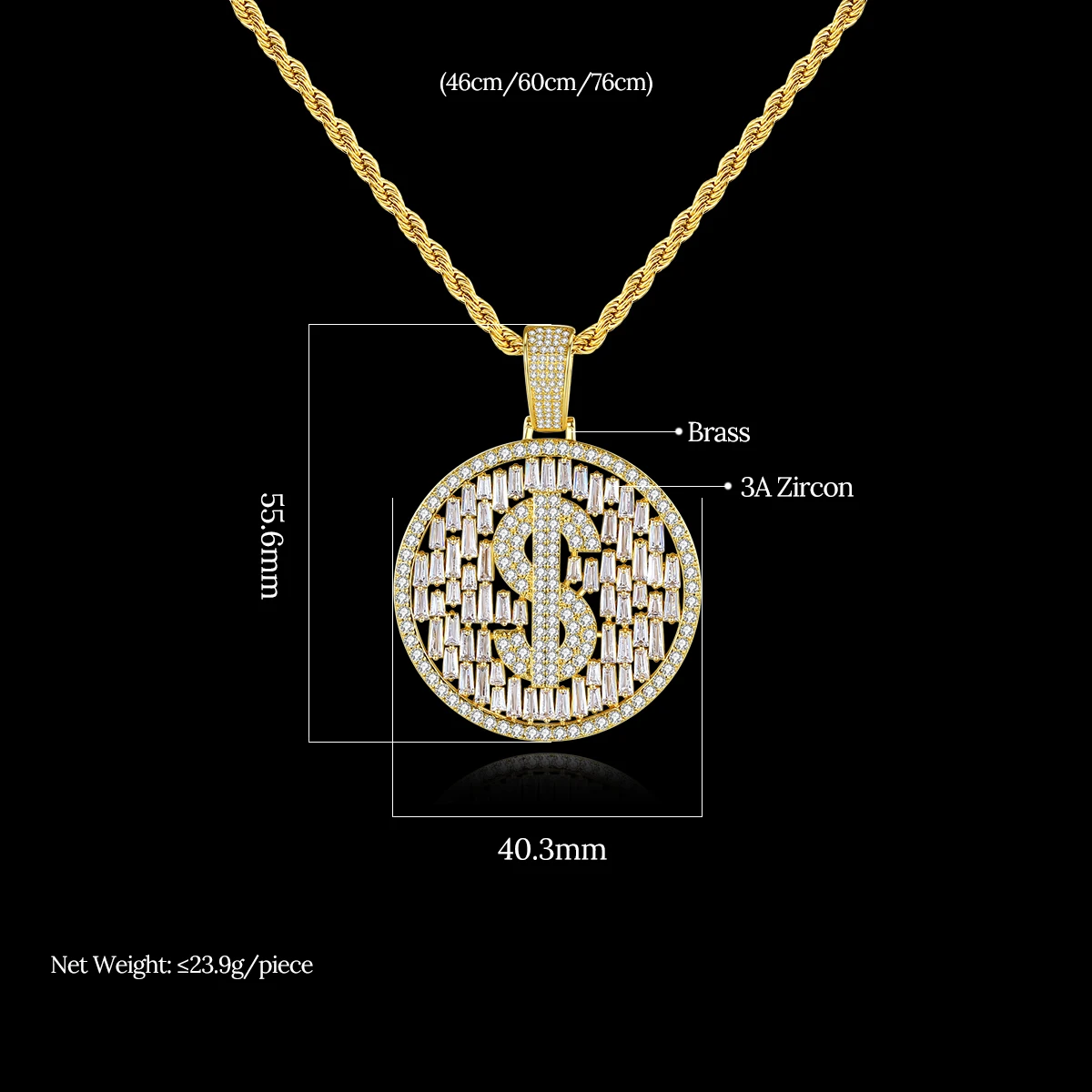 JINSE Unique Dollar Coin Shape Cubic Zirconia Pendants Hip Hop Round Money Sign Necklace for Men Boyfriend Fashion Party Jewelry