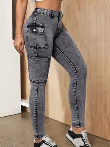 महिलाओं के लिए काले और भूरे रंग की साइड पॉकेट वाली फैशनेबल, सरल इलास्टिक वाली पतली, कैज़ुअल, नौ-पॉइंट वाली छोटी फुट जींस top 10 best sales पेटिट जींस - №3