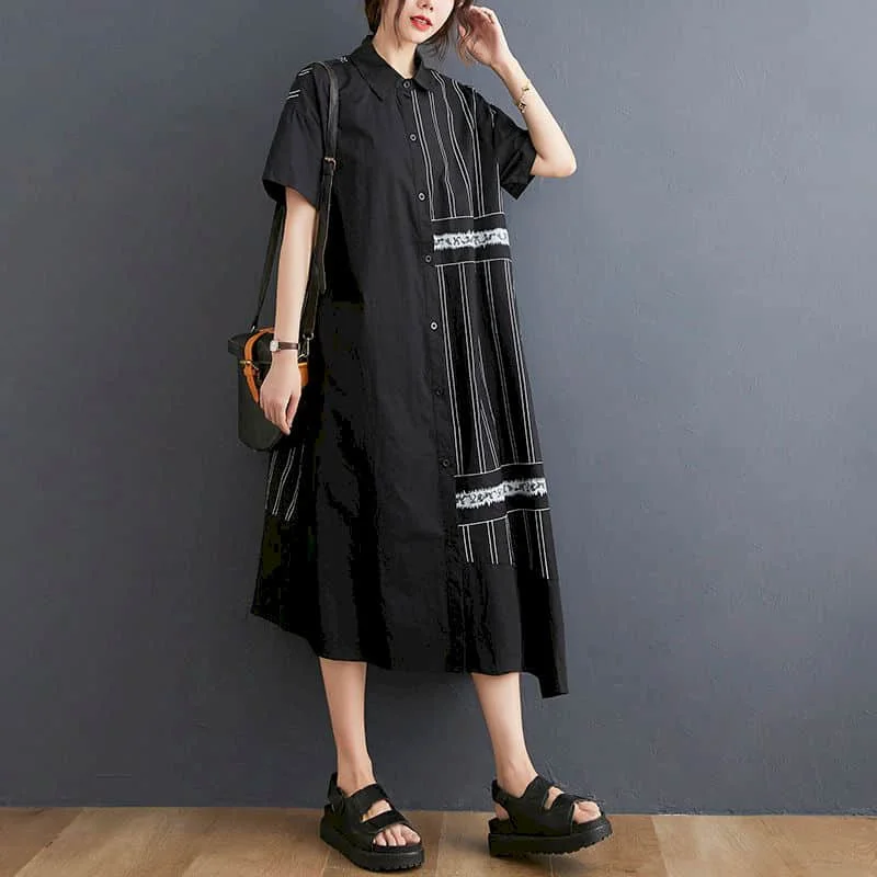 Irregular Dress for Women Elegant Fork Design Short Sleeve A-line Skirts Stripe Shirt Dress Asymmetric Summer Clothing for Women