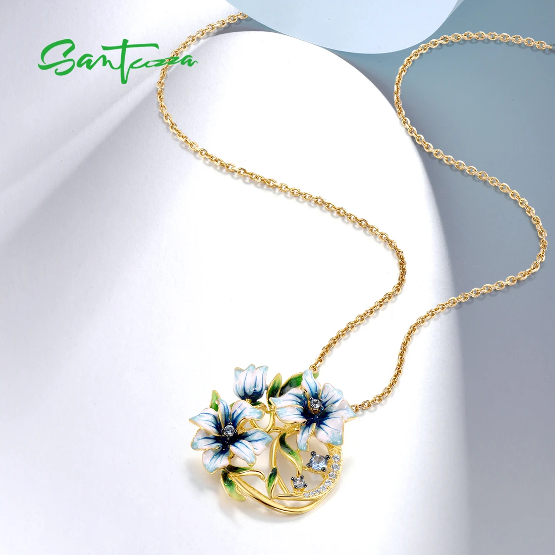 SANTUZZA Real 925 Sterling Silver Pendant for Women Sparkling Spinel Enamel Little Blue Flower Elegant Wedding Set Fine Jewelry