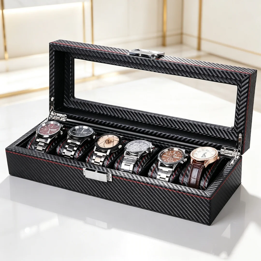 Double-layer Carbon Fiber PU Leather 5/6/10/12 Grids Watch Boxes, Watch Storage Boxes Mechanical Watch Packaging Gift Boxes