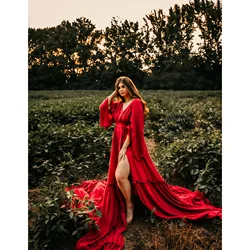 Maxivestido largo de algodón con escote en V profundo para mujer, vestido de maternidad con mangas con volantes, traje de fiesta de noche, accesorios de fotografía