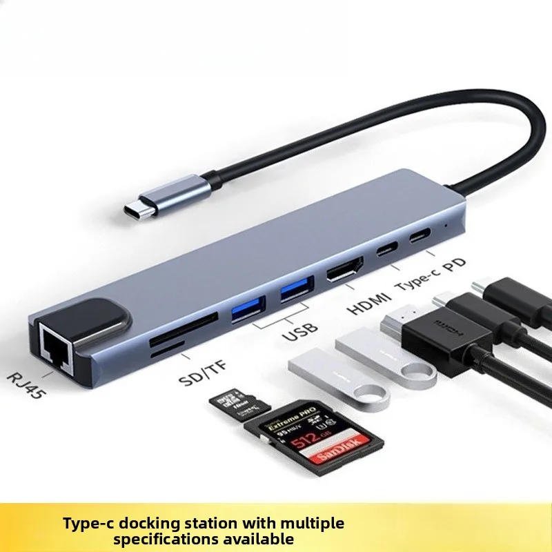 Multifunctional 8 Ports Type-C Hub RJ45 Ethernet Adapter High Speed USB Multiport Docking Station for Office Notebook