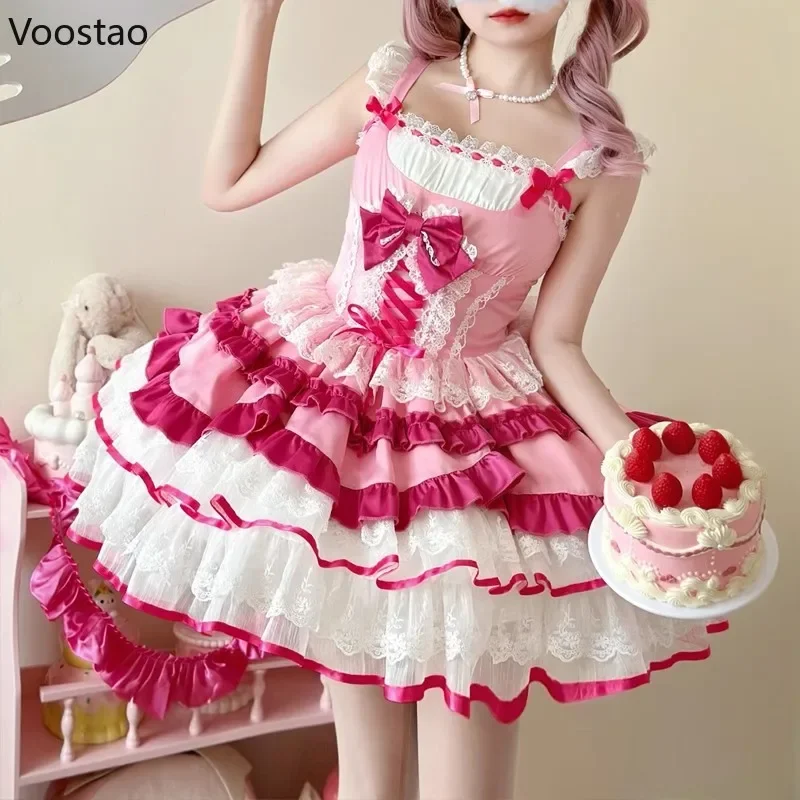 Japanese Sweet Lolita Jsk Dress Women Kawaii Lace Ruffles Bow Bandage Slim Princess Dresses Girls Y2k Cute Tea Party Mini Dress