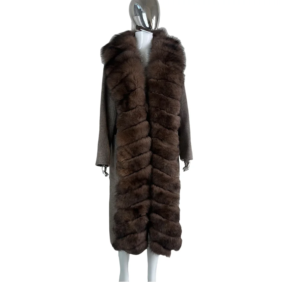 Luxury Wool Trench Coats Detachable Fox Fur Collar Real Fox Fur Jacket Lady New In Outerwear Fall