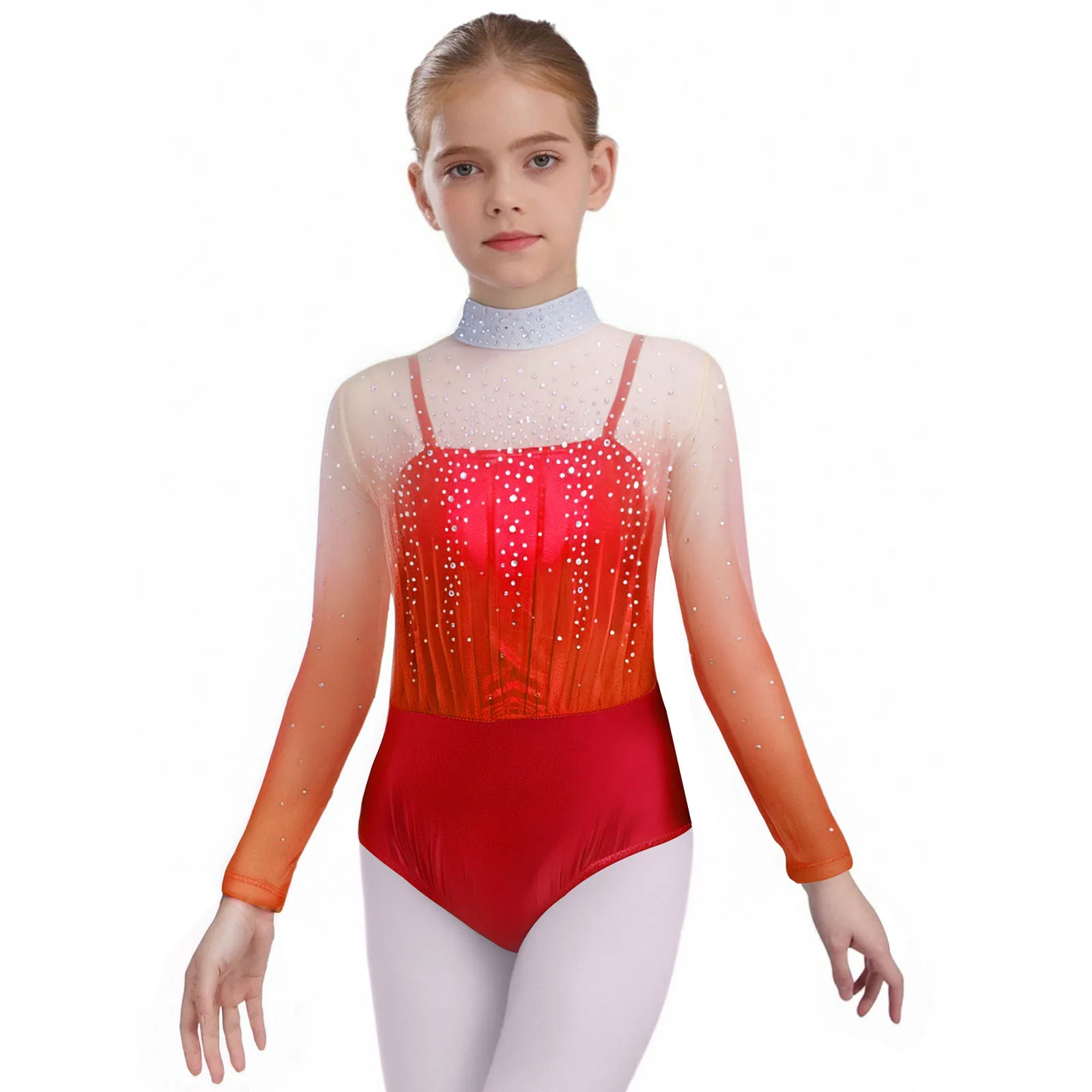 

Kids Girls Figure Skating Gymnastics Leotard Spaghetti Straps Metallic Long Sleeve Shiny Rhinestones Sheer Mesh Bodice Bodysuit