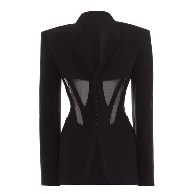 

Fishbone Waist Tied Mesh Splicing Perspective Sexy Dark Suit Jacket Bar Nightclub Female Singer Dance Stage Performance Outfit