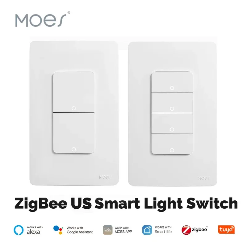 

Умный выключатель света MOES Tuya ZigBee, кнопочный настенный выключатель, совместим с Alexa и Google Home, требует нейтрального провода/без необходимости нейтрального провода