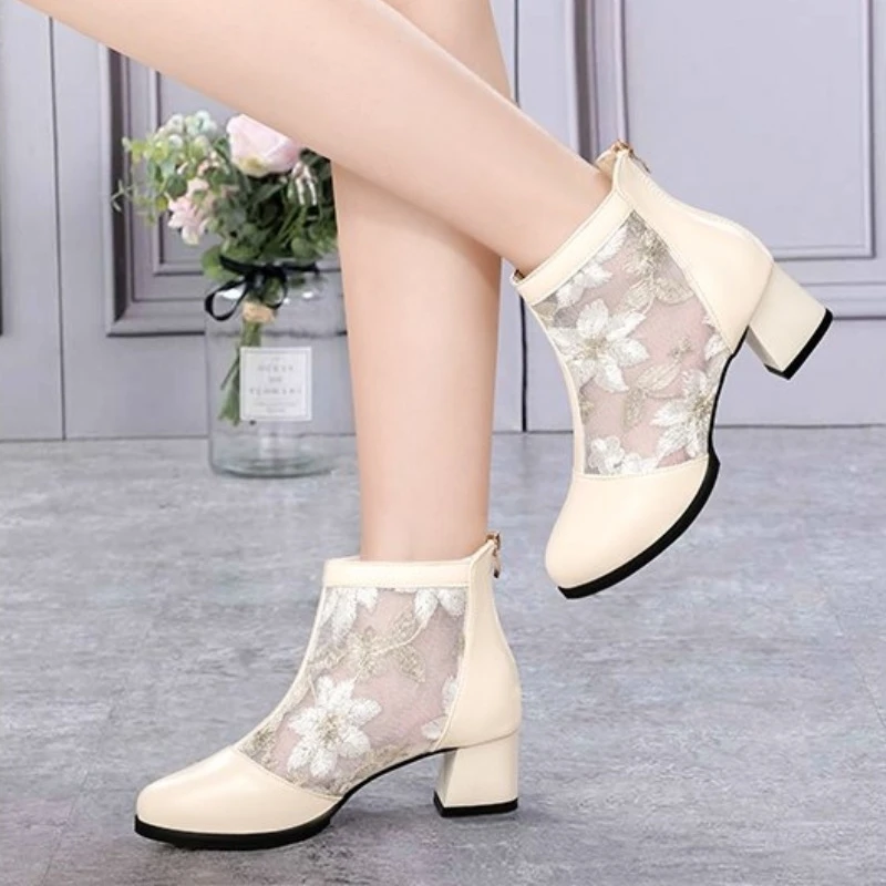 2024 New Fashion Women High Heels Lace Flower Ankle Strap Hollow Out Sandals Round Toe Zip Pumps Zapatos De Mujer