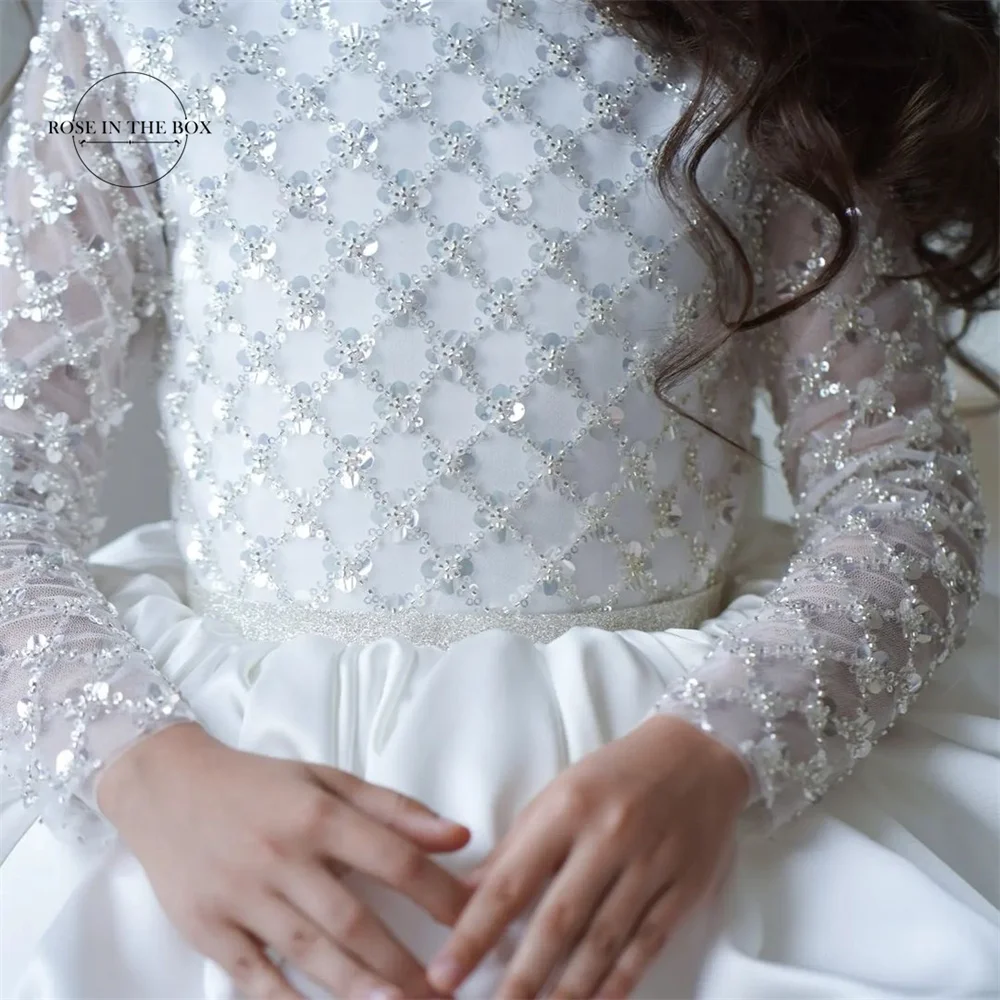 Vestido de flor branca com mangas compridas, vestido de casamento infantil, renda lantejoula, vestidos tutu, princesa criança, festa de aniversário, primeira comunhão