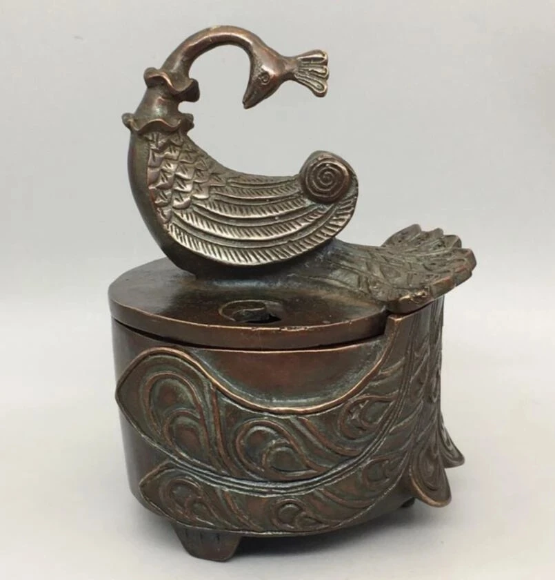 

China archaize brass peacock Smoked incense burner crafts statue