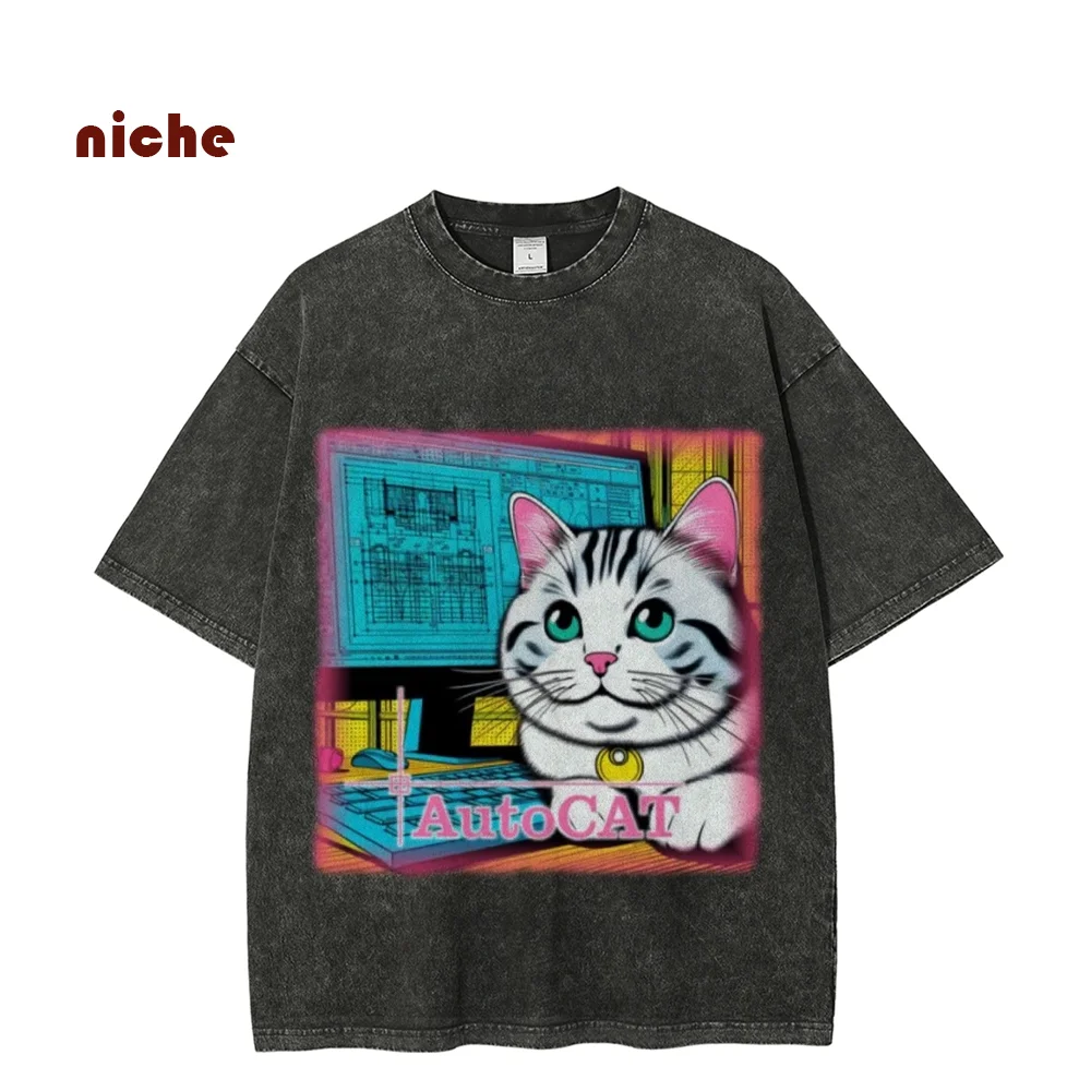 

Washed Retro Neutral Style T-Shirt Big Eyes Cute Auto Cat Letter Printing Couple Summer Designer New Cartoon Short Sleeves