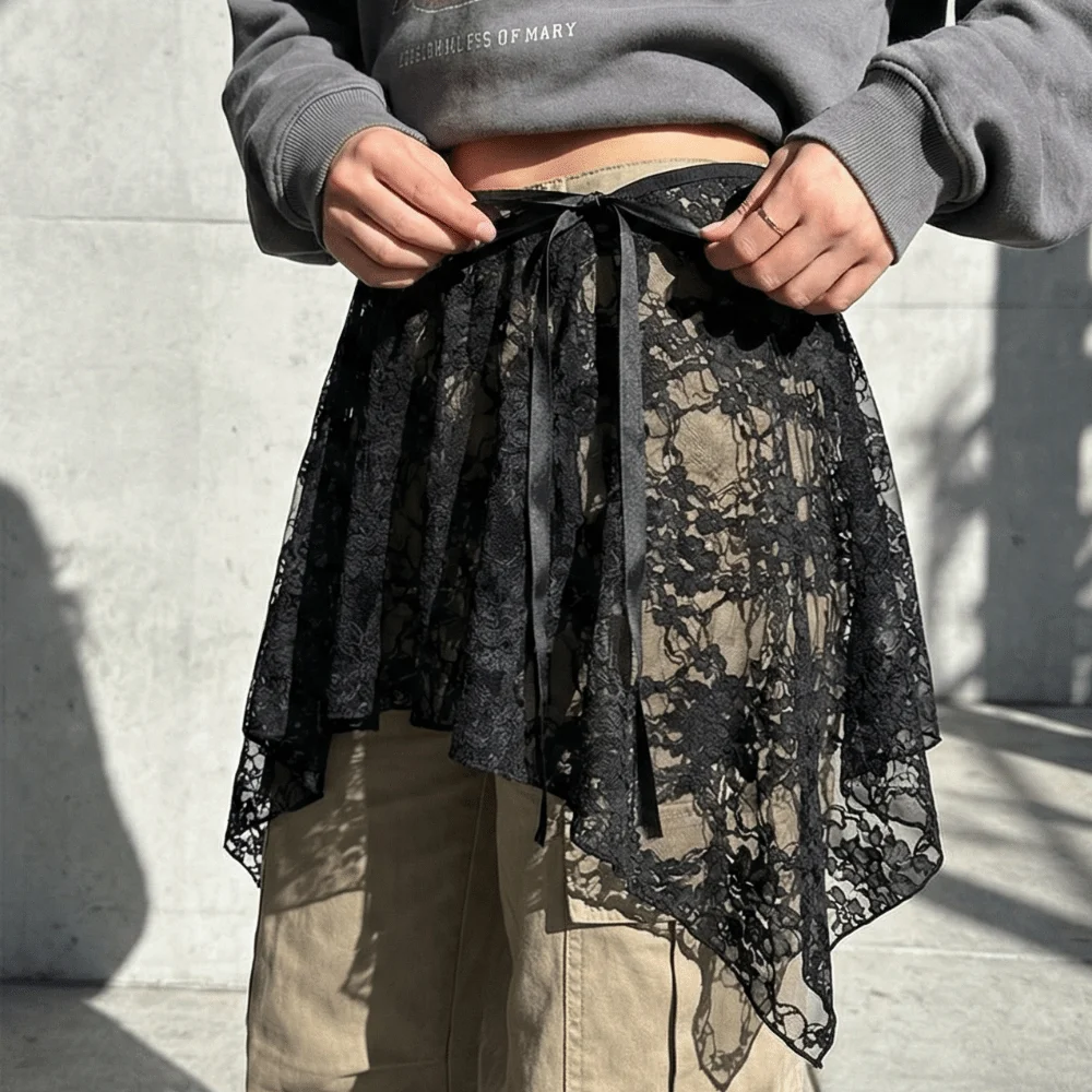 High Waist Lace Irregular Underskirt Slips Flower Transparent Safety Skirt Petticoat Lace-up Lining Petticoat Women Commuting