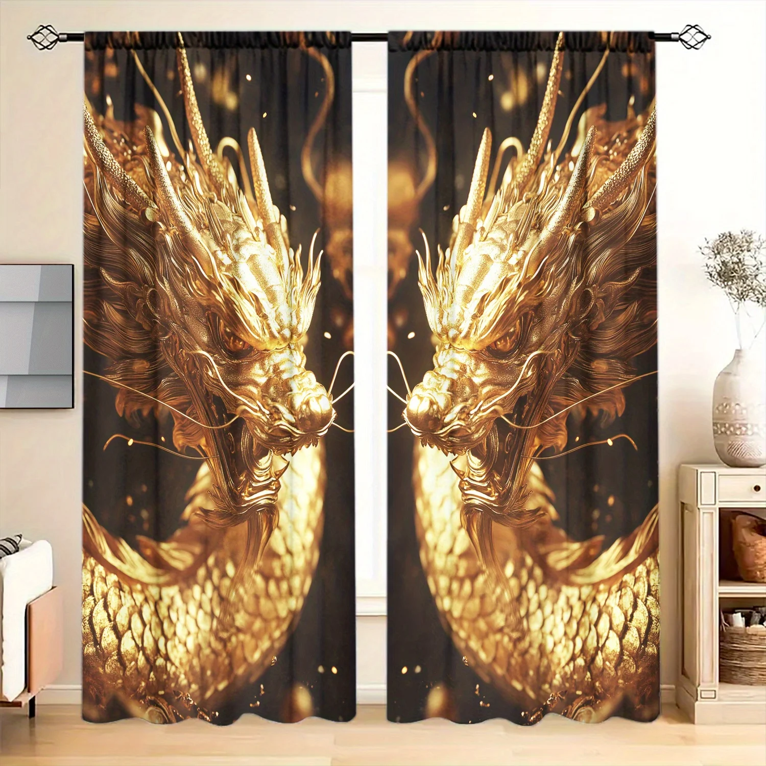 Golden Dragon Print Curtains, Chinese Mythology Blackout Drapes for Living Room, Oriental Zen Home Decor Window Treatment