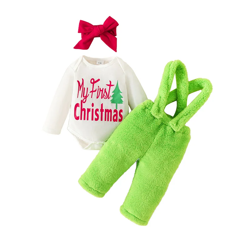 

Newborn Baby Girl My 1st Christmas Outfit Long Sleeve Letter Romper Fuzzy Suspender Pants Headband 3Pcs Set