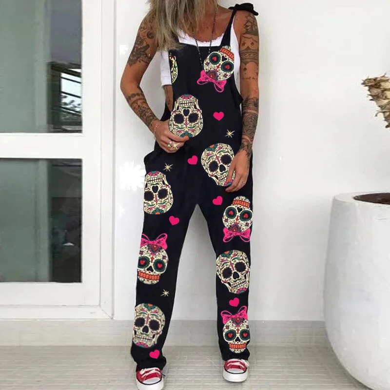 European  Fashion Gothic Skull Print Jumpsuits Plus Size 5xl Women Spaghetti Strap Trouser Sexy Pocket Design Overalls Bodysuit