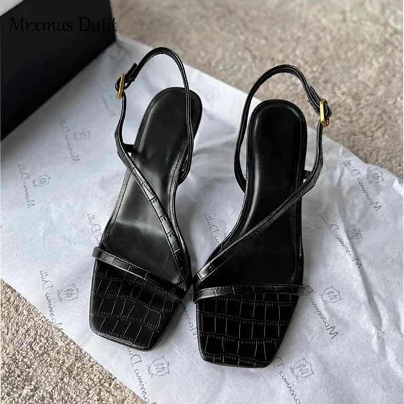 Mrxmus Dutit 2023 New Summer Fashion Genuine Leather One Word Belt Stiletto High Heel Shoes Women Solid Simple Casual Sandal