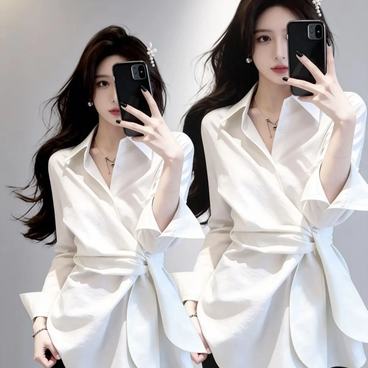 Elegant Pink Shirt with Belt Design Turn-down Collar Spring 2026 Women's Fashionable Shirt Comfortable Breathable Polyester