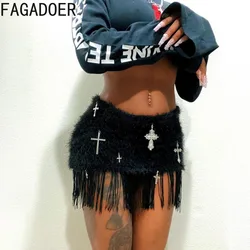 FAGADOER Autumn Fashion Fur Printing Tassels Mini Skirts Black Women High Waist Skinny Skirts Y2K Female Party Nightclub Clothes