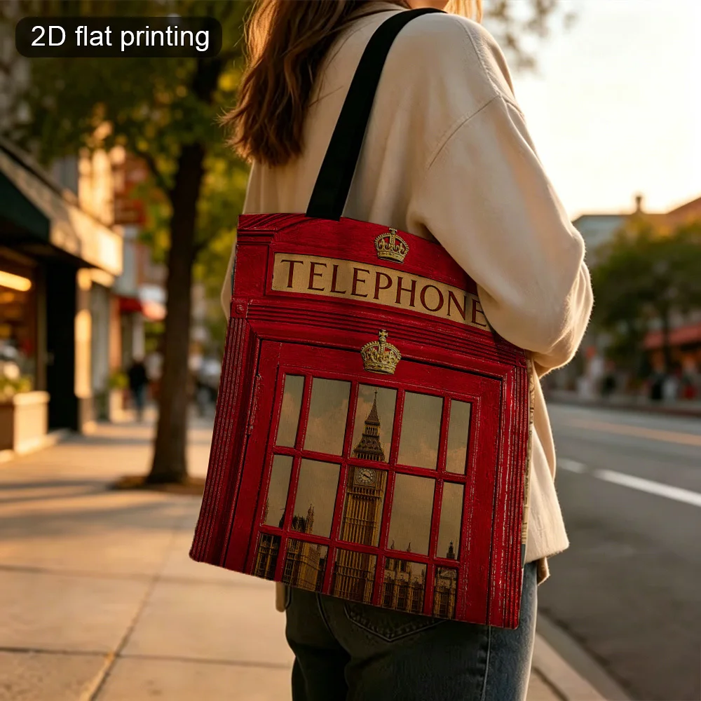 1pc British-Themed London Telephone Booth & Big Ben Tote Bag Double-Sided Printed Reusable Foldable Grocery Bag view 4