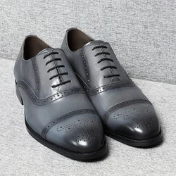 Classic British Style Brogue Carving Gray Oxfords Elegant Man Formal Shoes Natural Genuine Leather Business Party Social Shoes