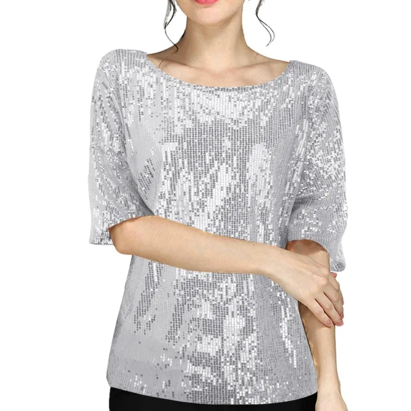 Trend Shiny Sequin Summer Short-sleeved T-shirt Women's Top Tshirt Performance Wear Loose Vintage Goth Harajuku Shirts for Women