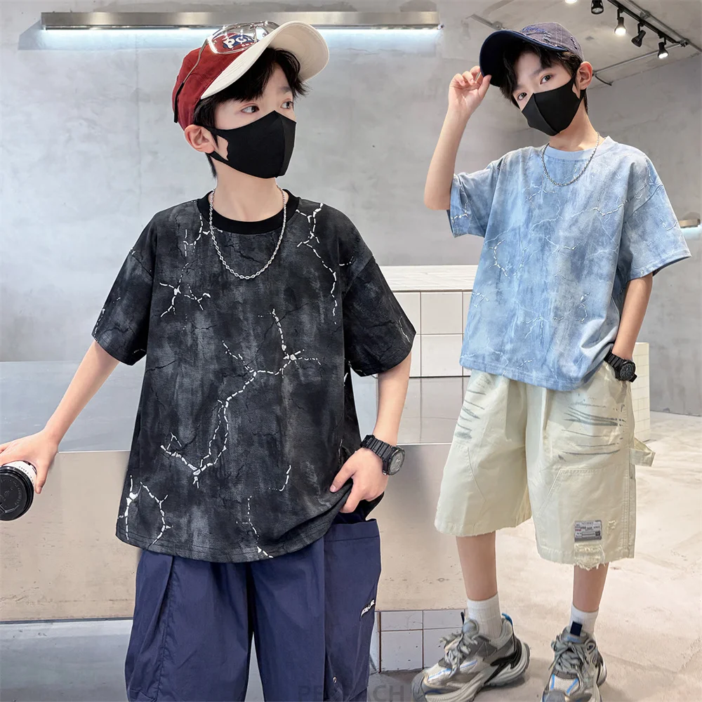 New Style Korean Children Fashion Short Sleeve Drip Silver Print Tshirt for Boy Cotton Tee Top Kids Unique Design Summer T-shirt