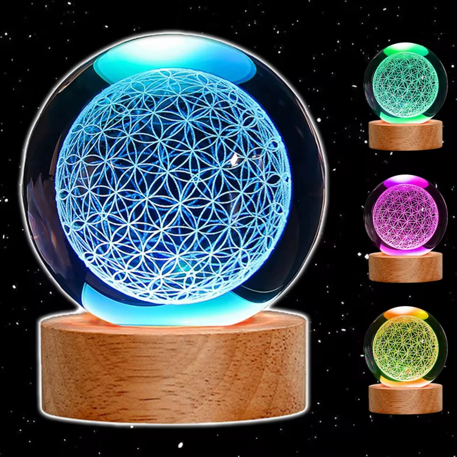 3D Laser Engraved Flower of Life Crystal Ball RGB 16 Color Night Lighting Chakra Healing Grid Flower Globe Spiritual Gift