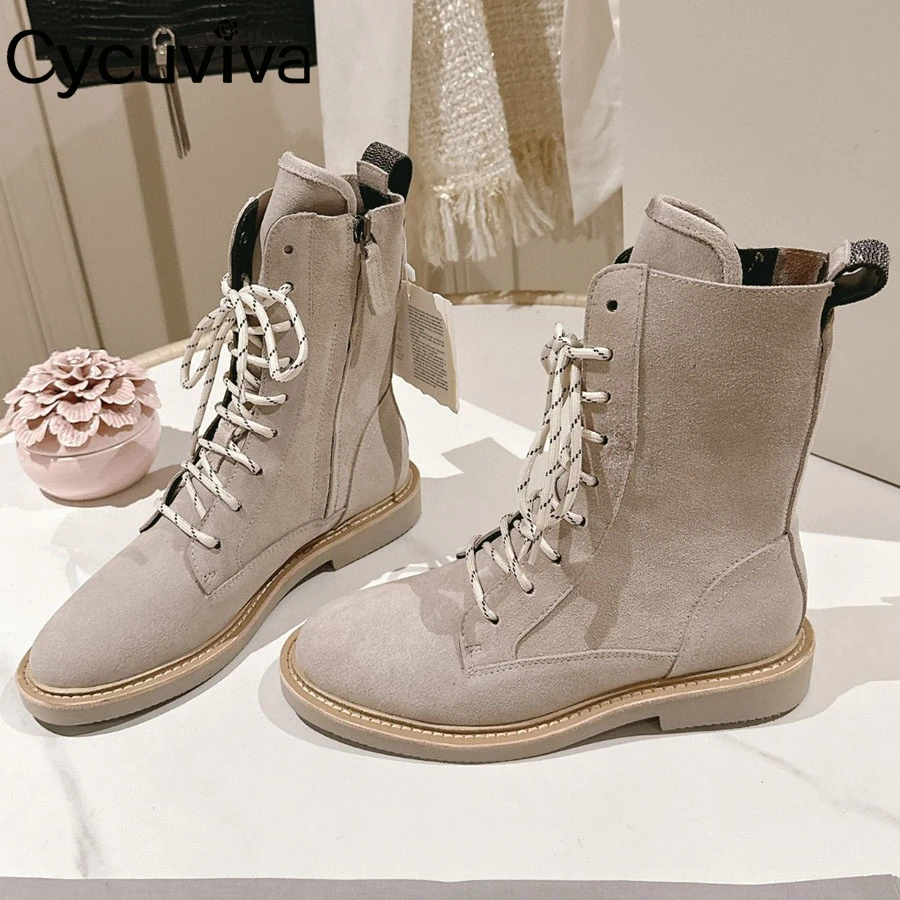 

Thick Sole Platform Chelsea Boots Quality Suede Leather Lace Up Mid Calf Short Boots Winter Flat Knight Boots Women 2024