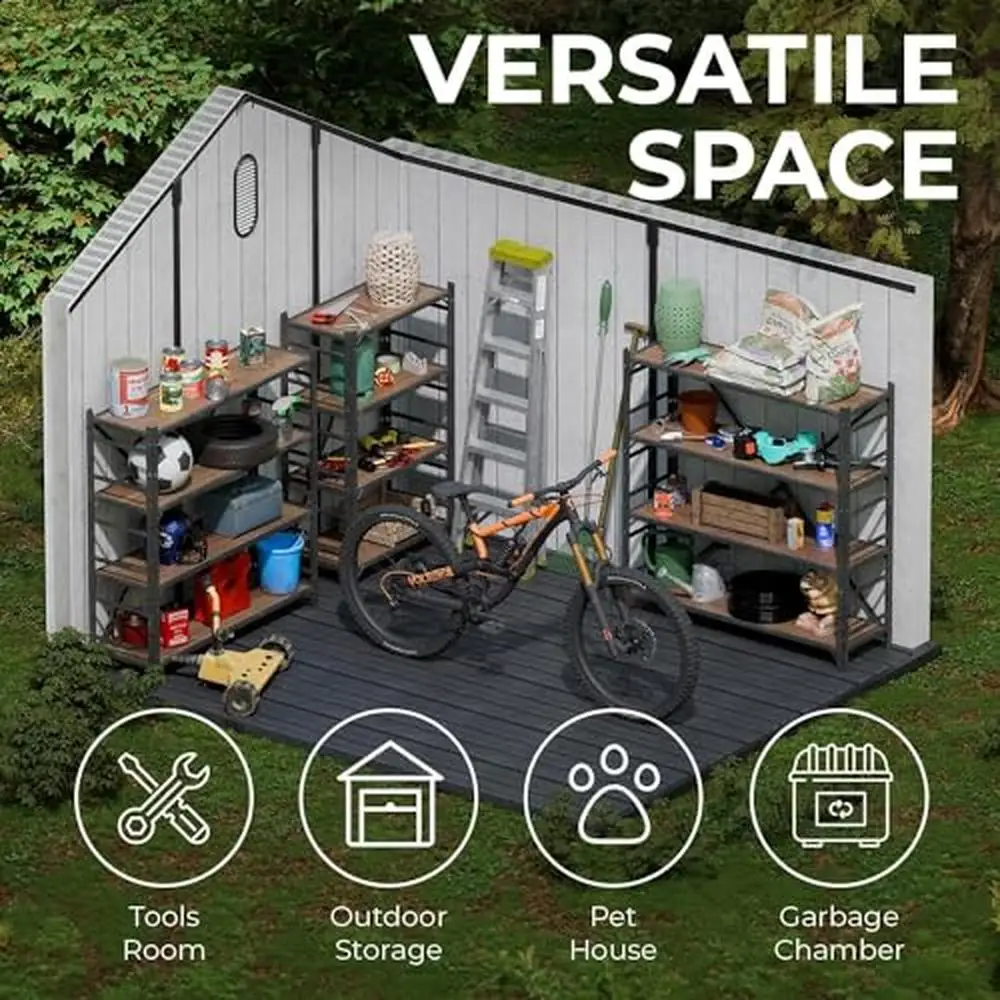 Outdoor Storage Shed Lockable Double-Layer Flooring Ventilated Yard Tool Organizer 8x8 Ft Grey