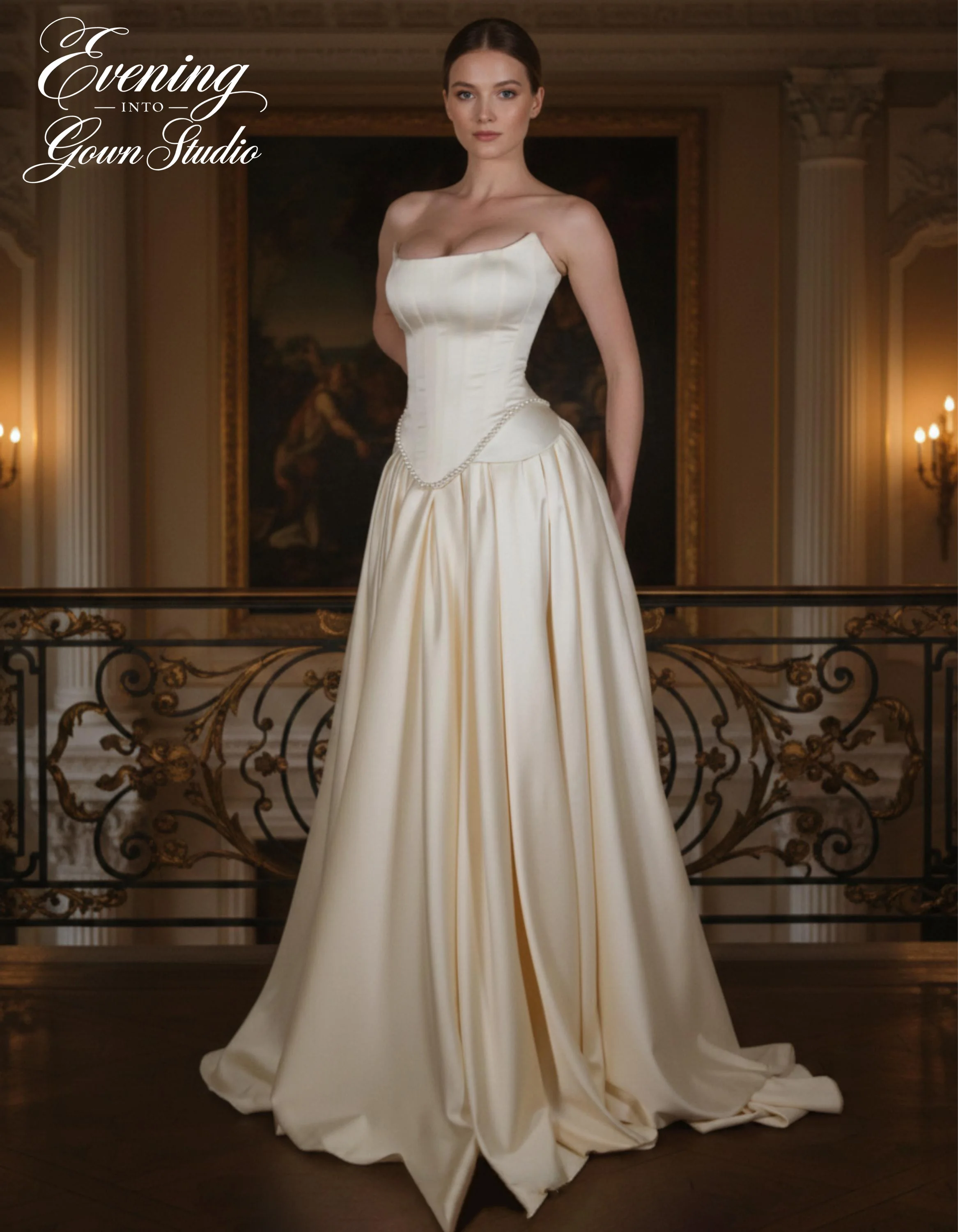 

Customized Elegant Ribbon Pleat A-line Strapless Long Dresses Off-shoulder Beige Ball Gown Dress Women Wedding Gowns