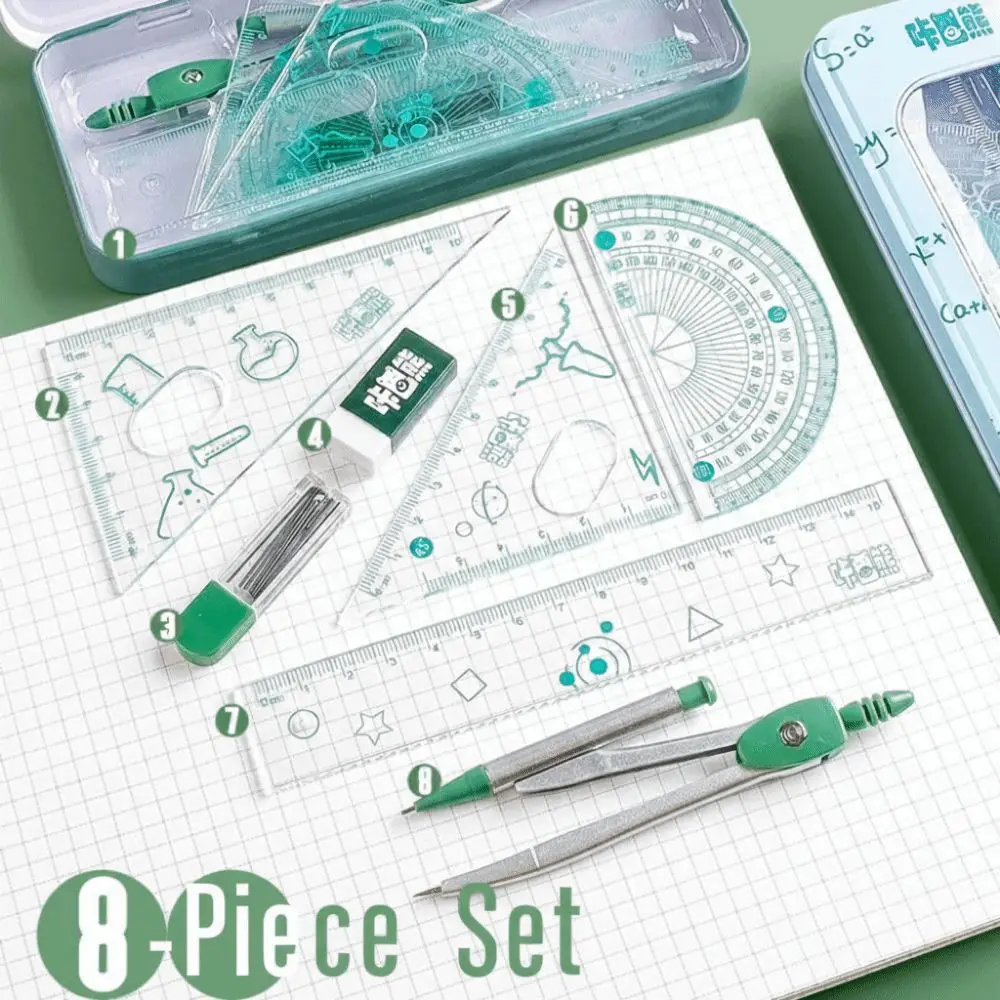 8Pcs/Set Multifunctional Math Geometry Set 0.7mm Erasergraphite Lead Triangle Ruler Ruler Compass Set Protractor Metal Box