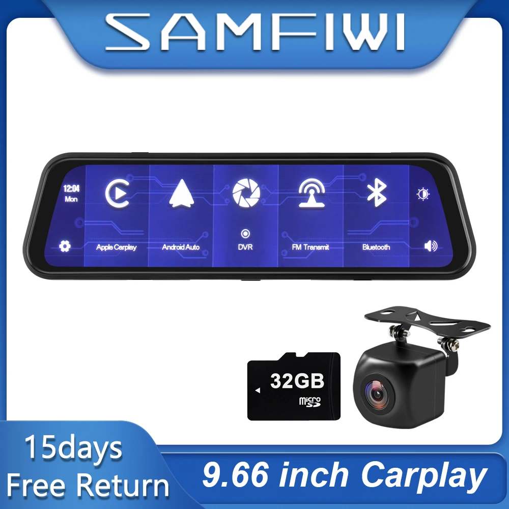 

New 9.66 Inch AHD 1080P Wireless Carplay Android AutoCar Rearview Mirror DVR Recorder Dual Lens Dash Cam