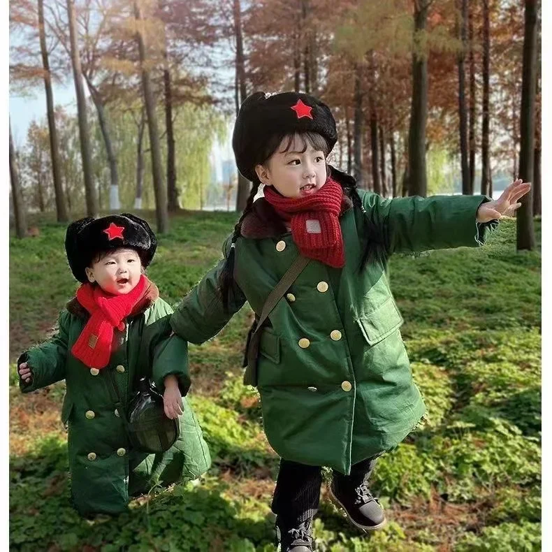 Traditional Chinese Children's Overcoat Middle Length Thickened Cotton Jacket Baby Kids Boys Girls Vintage Classic Warm Coat