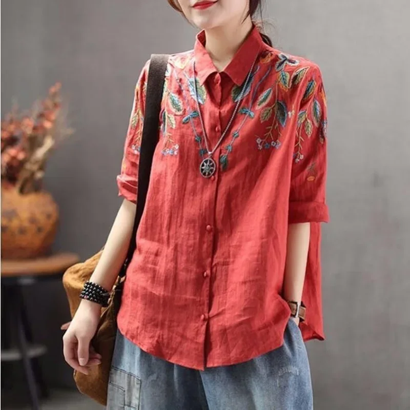 Improved blouse 2024 spring long sleeve top vintage embroidery cotton Chinese style women clothing 11622 B12