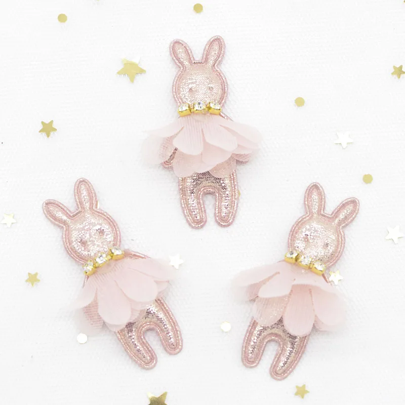 10Pcs 24*50mm Glitter Padded Patches Rabbit with Rhinestone Mesh Skirt Appliques for Clothes Hat Leggings Decor DIY Headwear